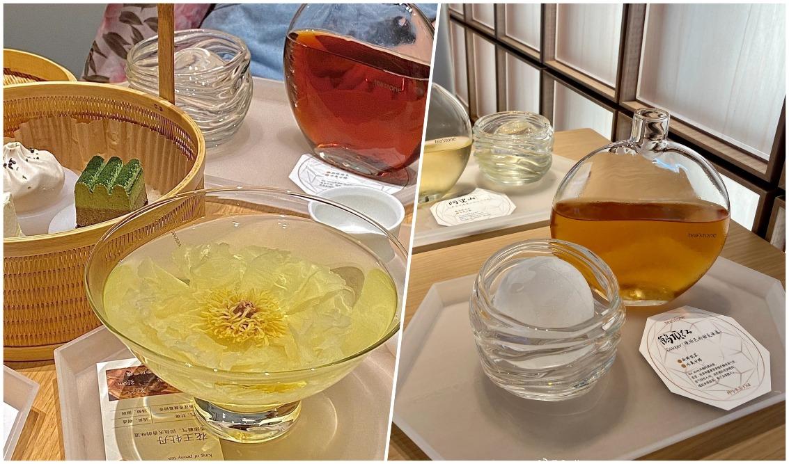 tea'stone在茶的名字和造型上亦有創意心思,例如琥珀色特調茶「鶴頂紅」(右)、放入整朵花的網紅款「花王牡丹」(左)。(圖片來源:照橋小心美@小紅書、0cii@微博)
