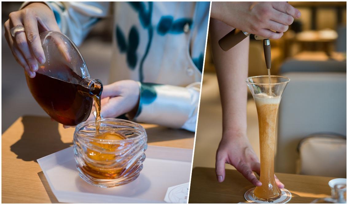 tea'stone的「啤啤tea」通體金黃(右),店員會在客人面前在茶中打入氮氣,泡沫瞬間升騰。而用品牌原創的「月亮瓶」,將茶倒入裝有冰球的杯中,則好似在喝洋酒。(圖片來源:唐七@微博)