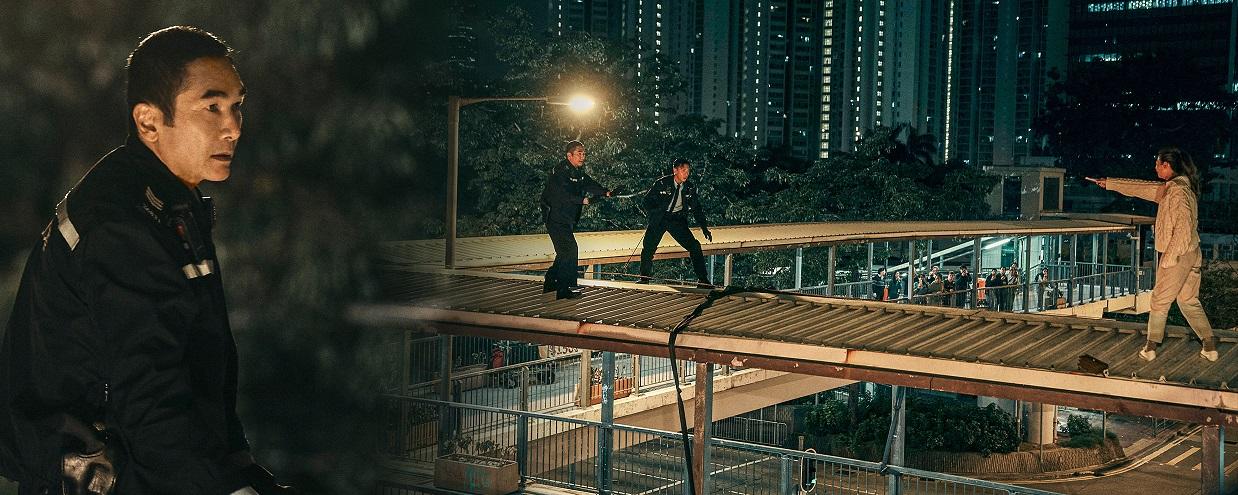 方中信親身上陣拍攝高空跳天橋動作。(劇照)