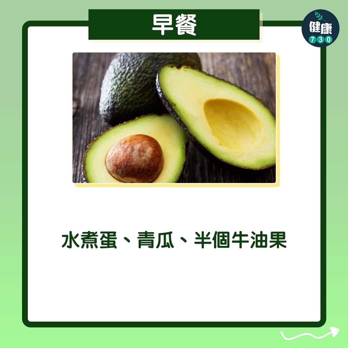 早餐:水煮蛋、青瓜、半個牛油果