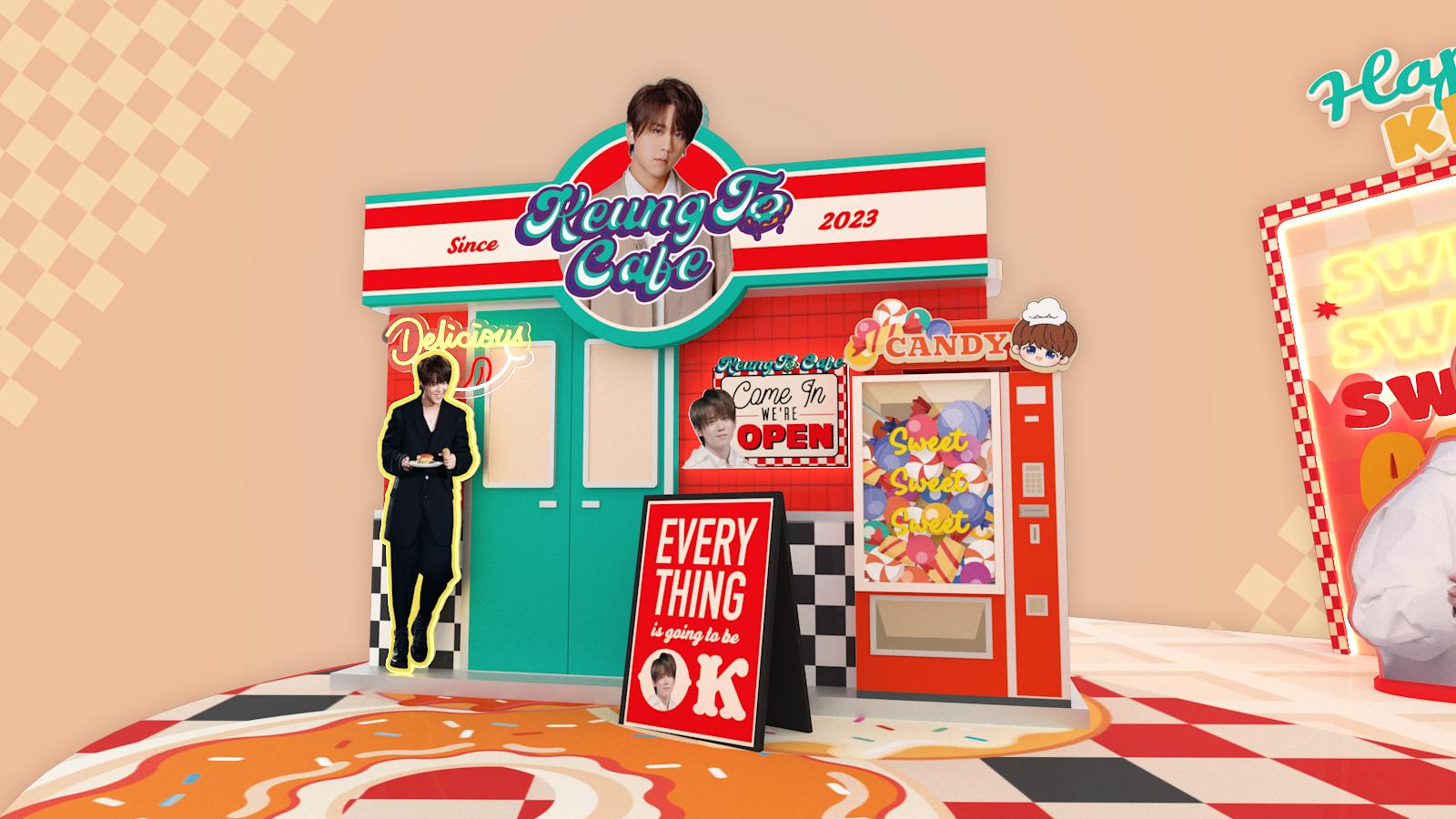 4. 歡迎光臨KT Café:Café新開張,姜admin立牌一早在門口迎賓,美式Café色彩對比強烈,門口還有小濤濤頭像的甜蜜糖果機。