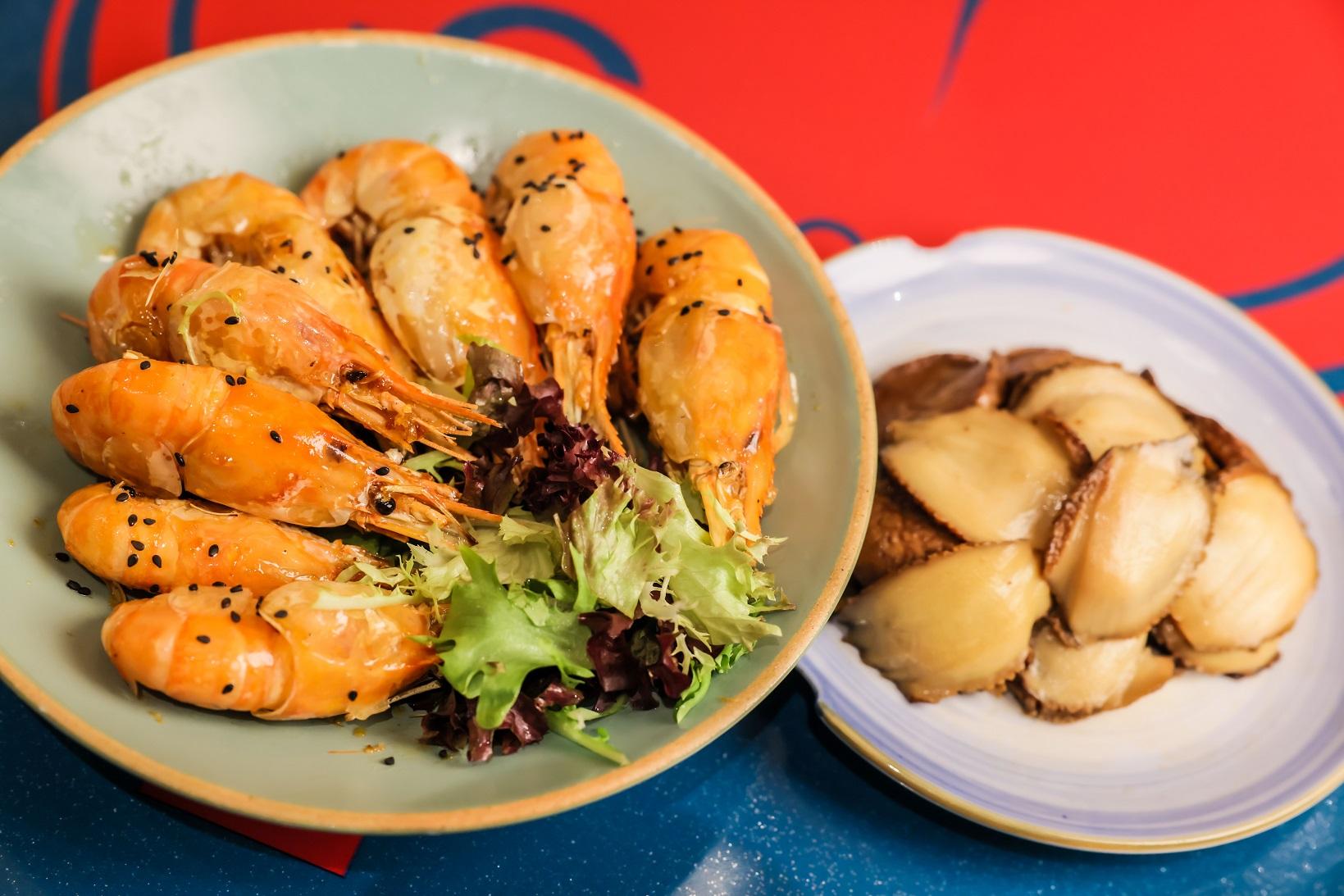 潮樓蜜味桂花蝦$48或滷水鮮鮑魚$58