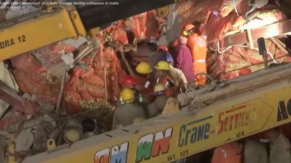 救援人員利用挖土機不斷將薯仔堆挖開,試圖救出被埋的工人,並出動搜救犬協助搜尋。(Twitter)