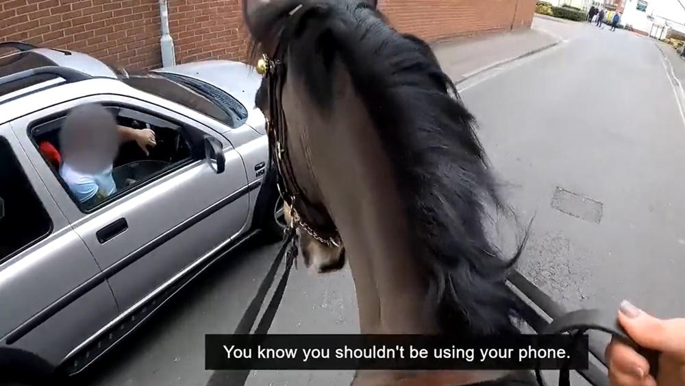 女警騎著馬到停在路旁汽車的司機身旁,騎警問:「你知道你不應該在開車時使用手機」。(Twitter)