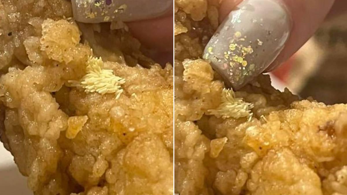 新西蘭女食炸雞驚見白色一堆烏蠅卵,KFC咁回應。(Twitter)