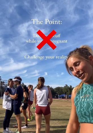 字幕顯示「這不是為了呼籲大家在懷孕期間做出瘋狂行為,而是挑戰自我」。(IG)