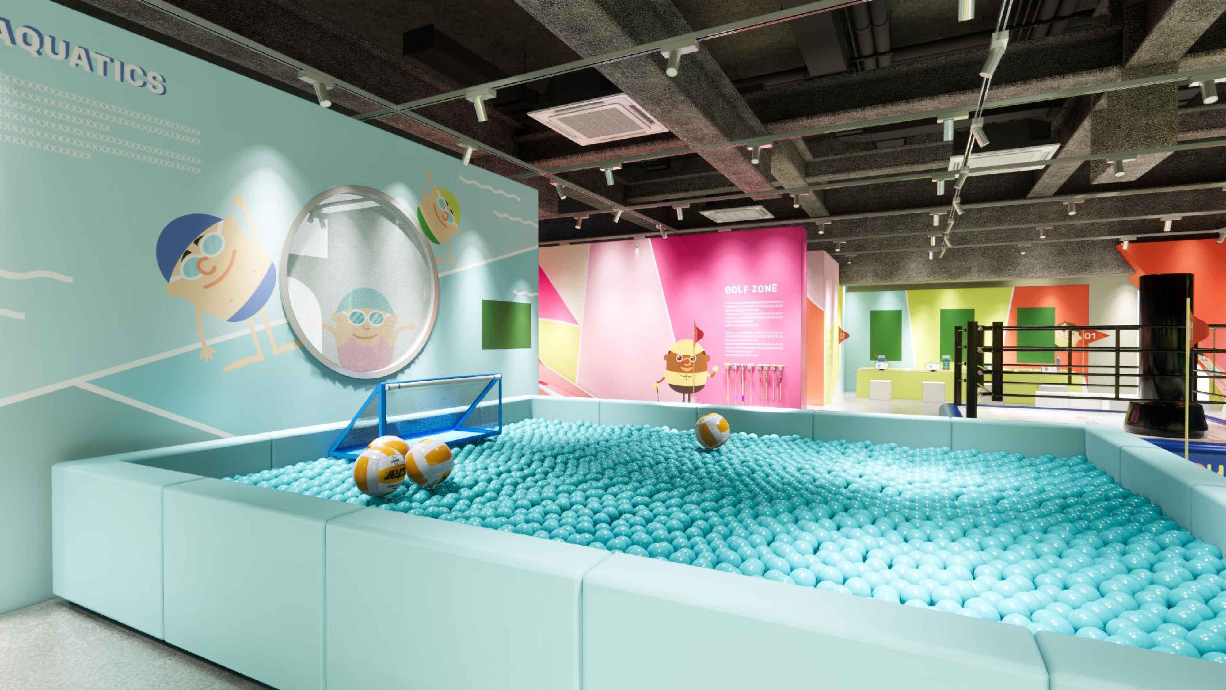 「運動體驗館」的設計亦造就小朋友天馬行空的想像,幻想自己就是頂級運動員,在運動場上與對手較勁。以水球區為例,體驗館設計了一個大型波波池,讓小朋友化身水球球員,在安全、受控的環境中放飛想像力。