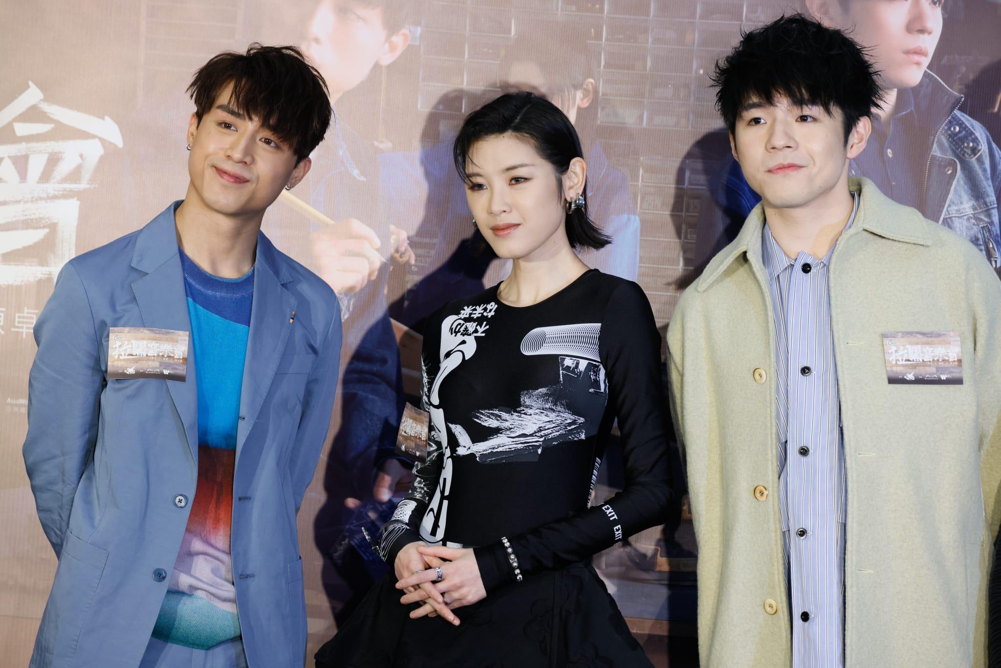 陳卓賢、江𤒹生、陳蕾現身銅鑼灣時代廣場舉行的記者會。 (蘇文傑攝)