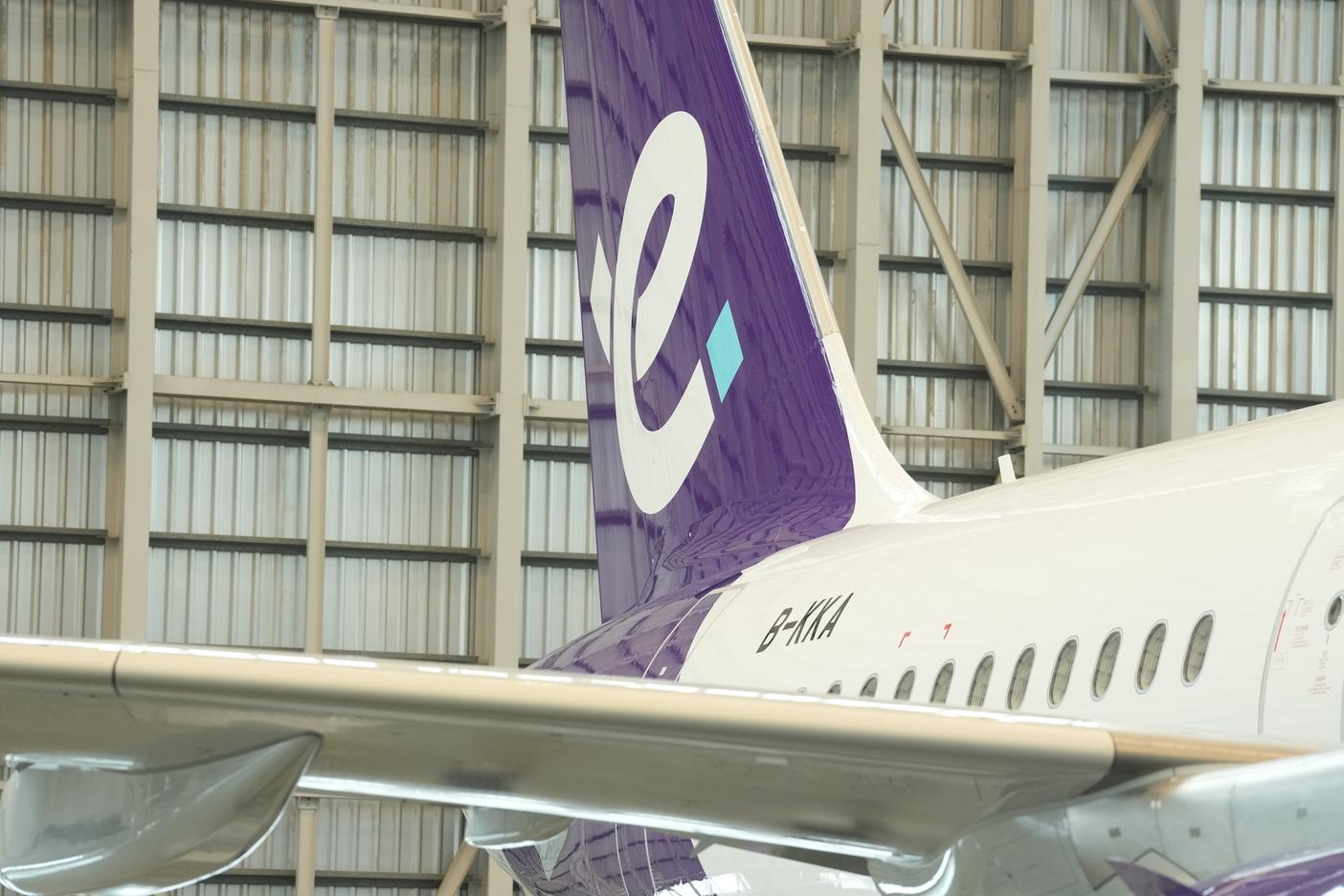 機翼、尾翼及機身底部位置繪畫著新的「e」字圖形。(陳奕釗攝)