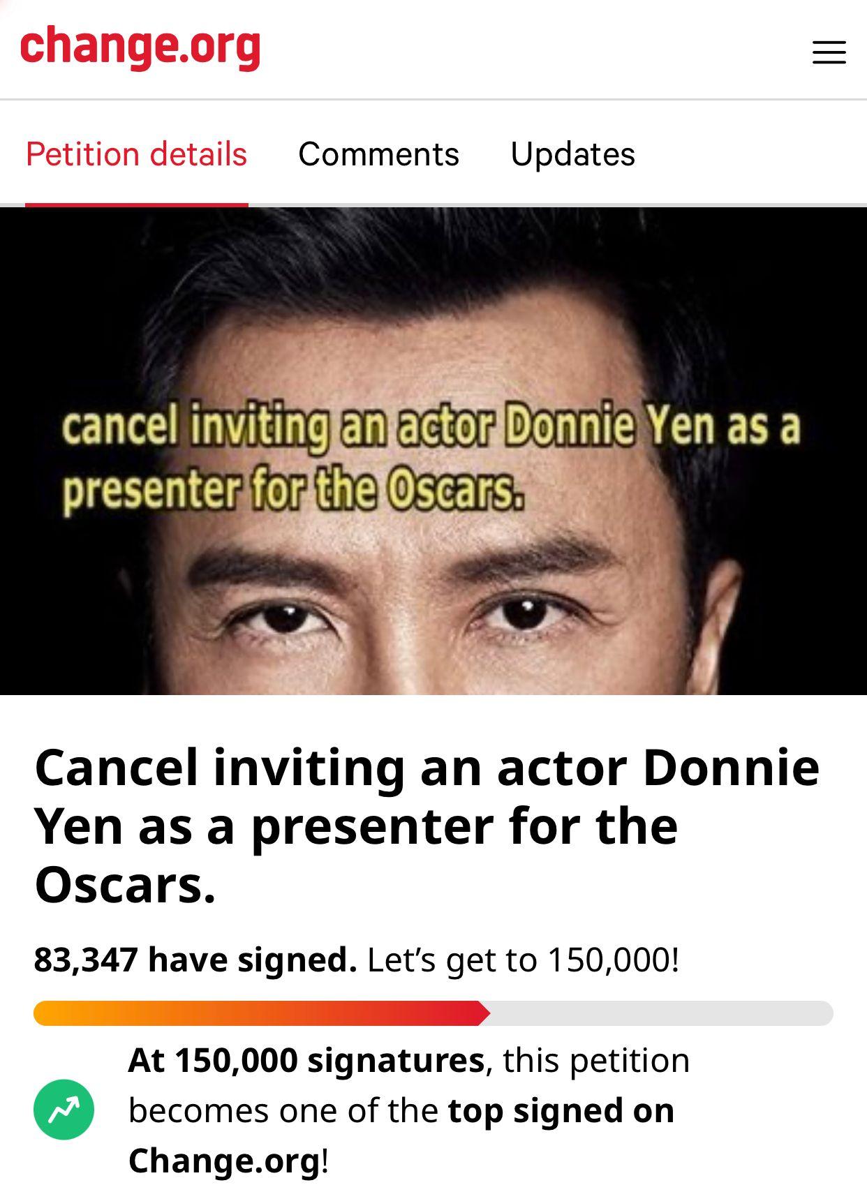 8萬網民要求奧斯卡踢走甄子丹 2百多人聯署反擊撐出席任頒獎嘉賓