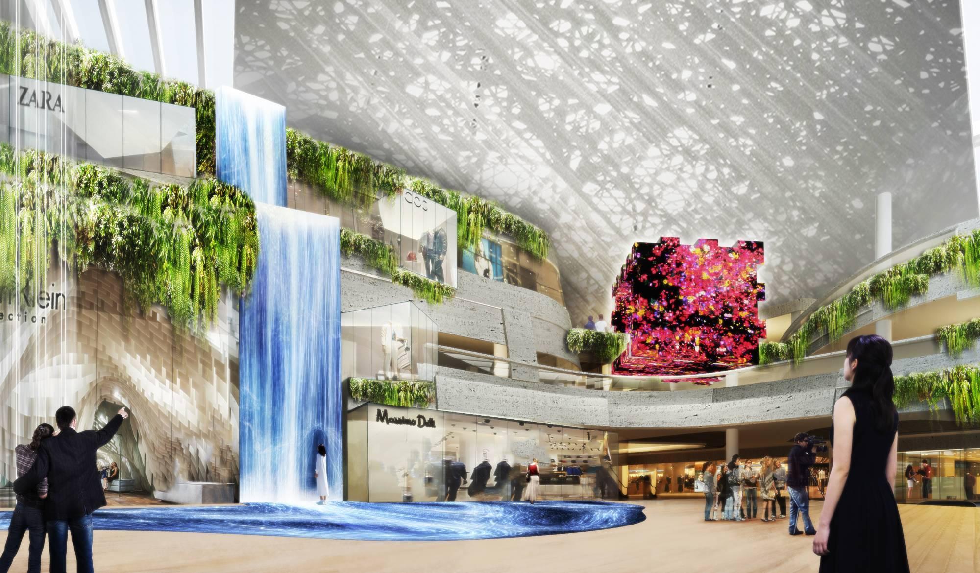 高三層的大型瀑布作品名為《水粒子世界與因人而現的漩渦》(teamlab.art)