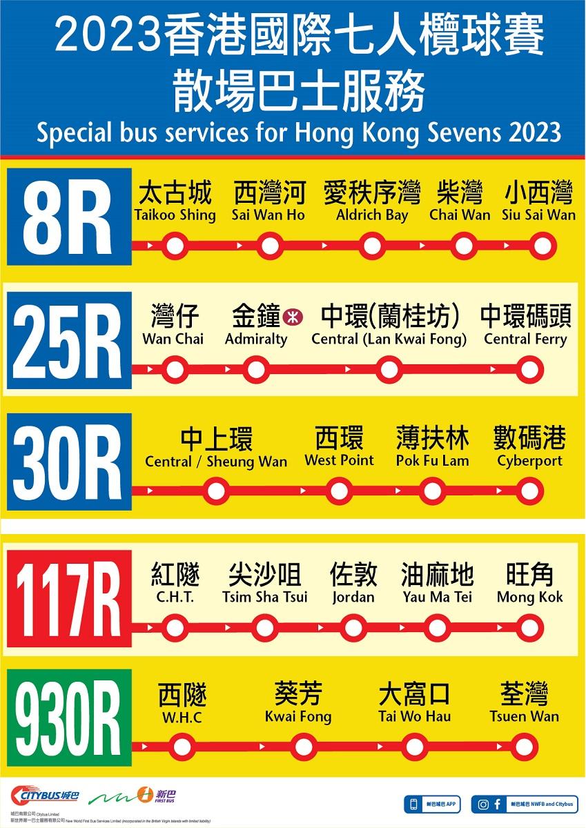 新巴城巴將提供5條特別路線,接載七人欖球賽觀眾離開。(新巴城巴提供)