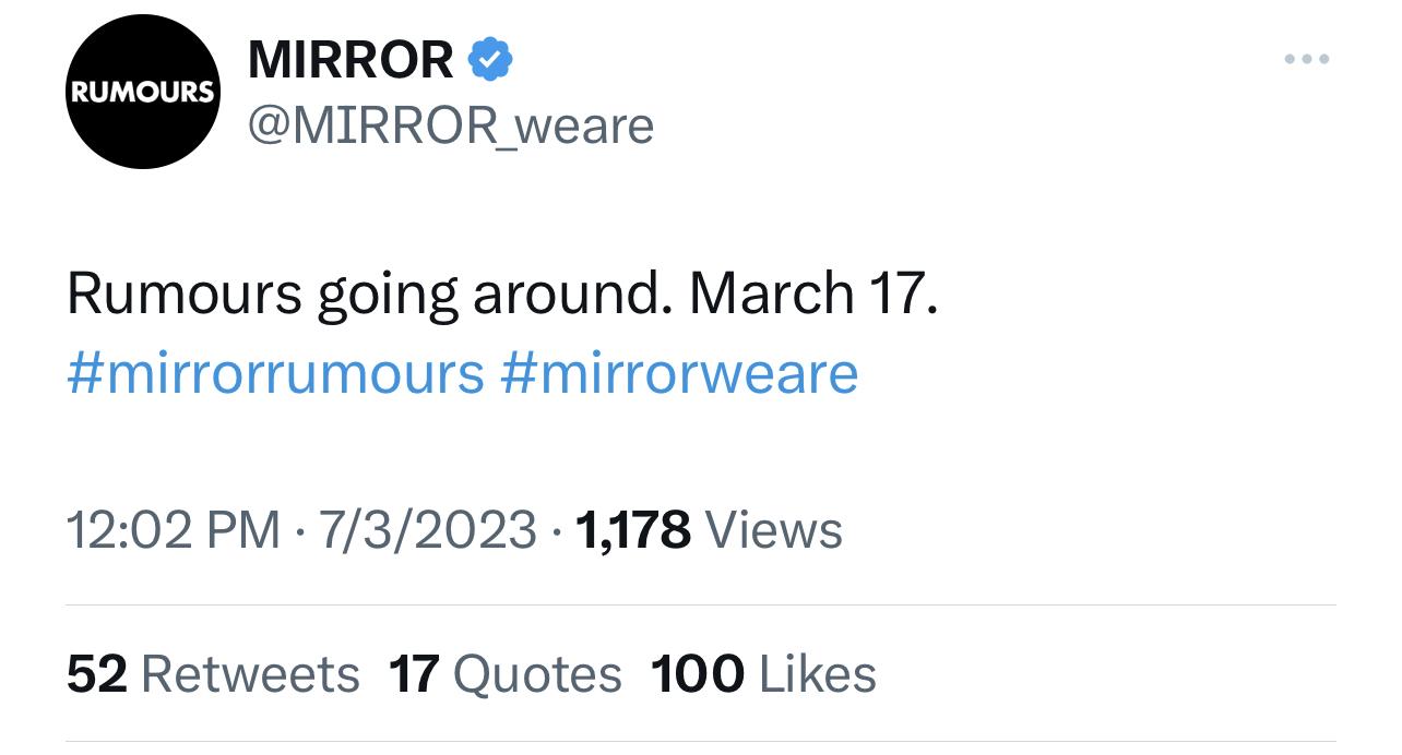 MIRROR官方Twitter公布於3月17日推出新歌《RUMOURS》