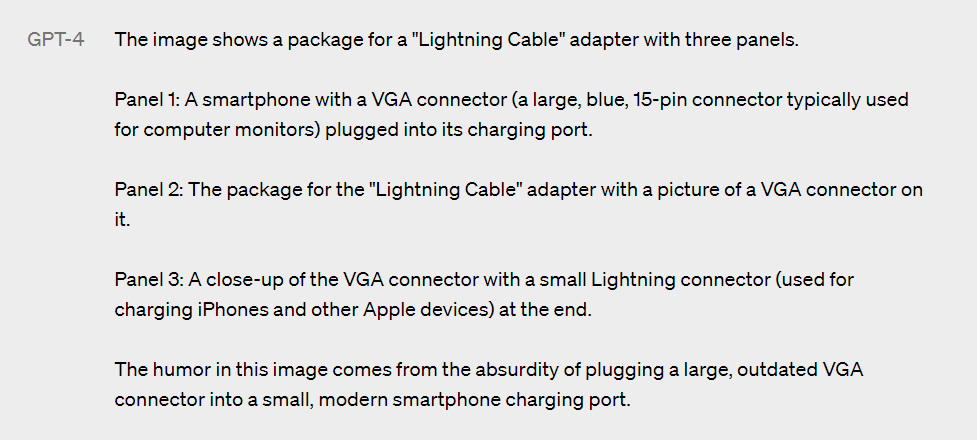 GPT-4知道圖片的「幽默之處」是智能手機充電位置上插有舊款影像傳輸線。(互聯網)