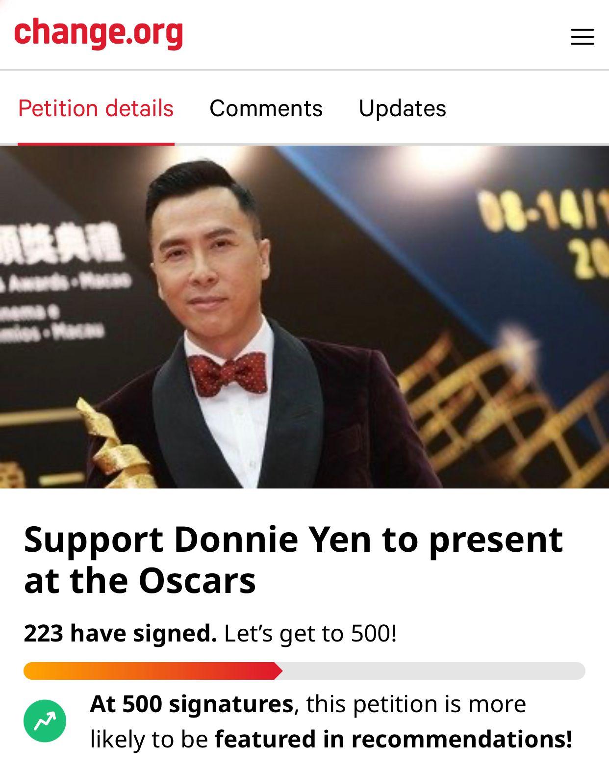 有人亦展開反擊,撐甄子丹出席奧斯卡,至今有逾220人簽名。