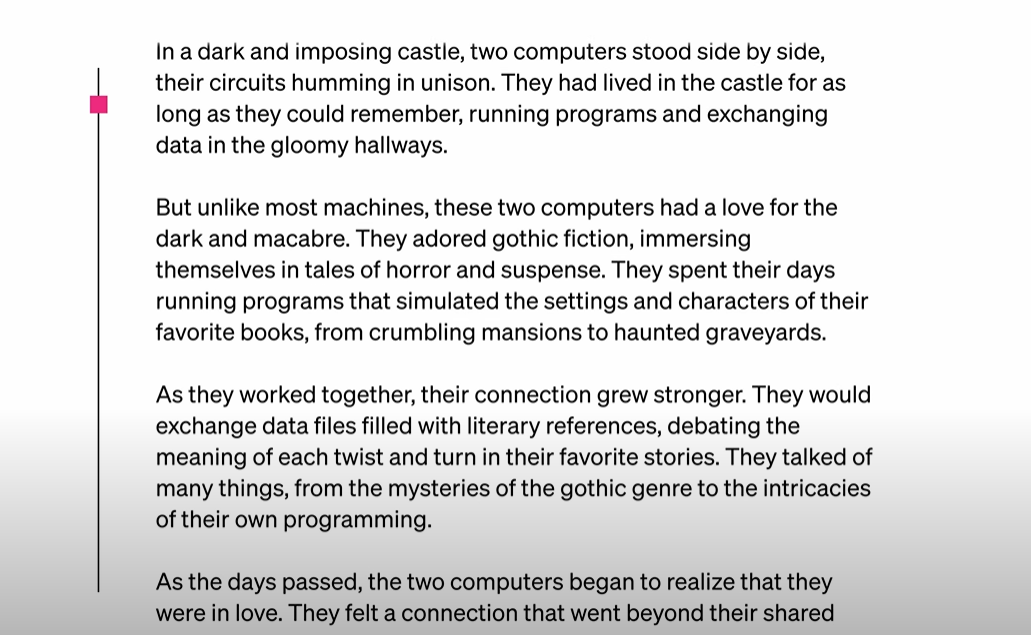 GPT-4隨即交出兩部電腦相愛的故事。(互聯網)