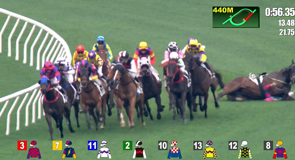 楊明綸墮馬後被「菲力大帝」壓到。(馬會重溫片段)