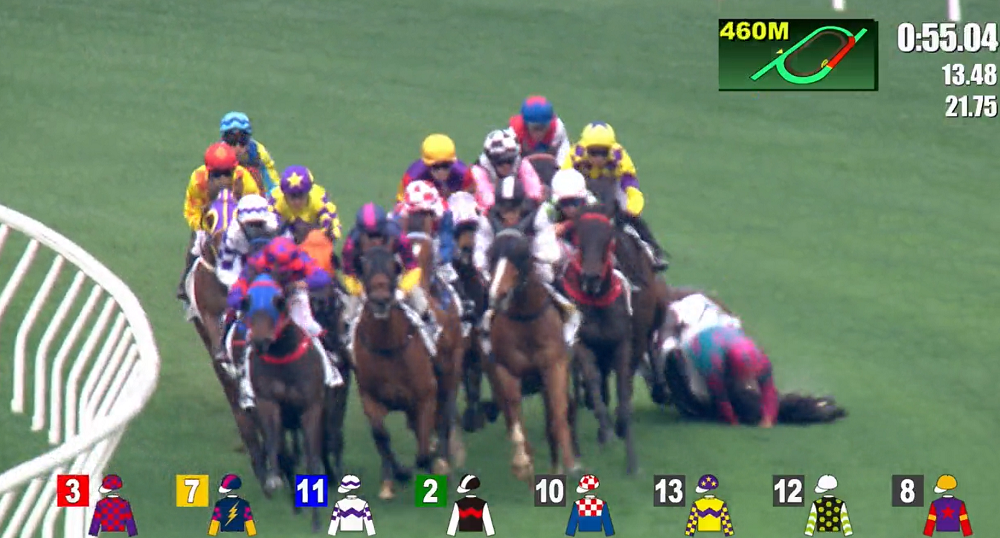 楊明綸墮馬後被「菲力大帝」壓到。(馬會重溫片段)