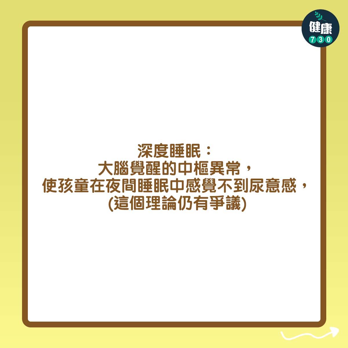 深度睡眠:大腦覺醒的中樞異常,使孩童在夜間睡眠中感覺不到尿意感,(這個理論仍有爭議)。