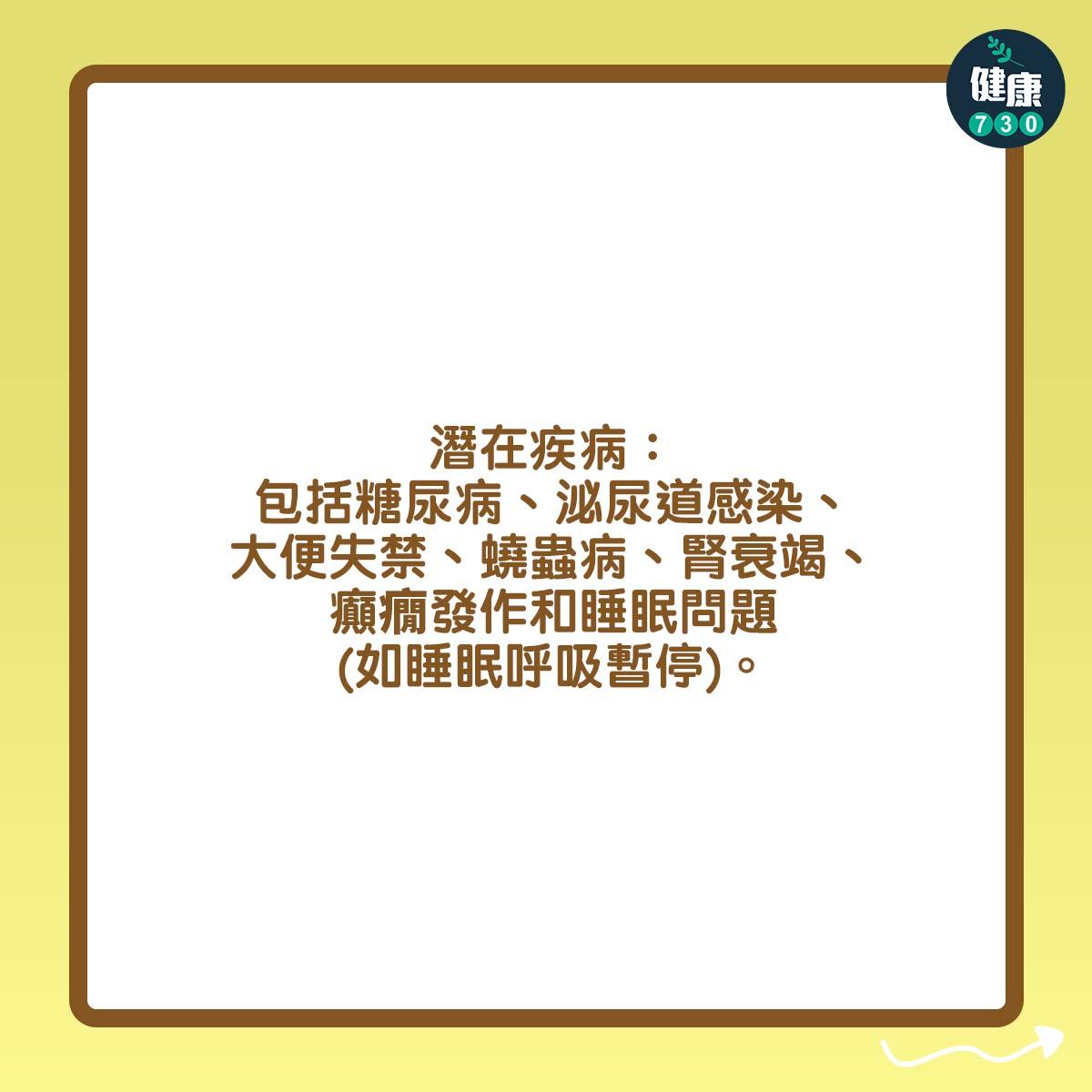 潛在疾病:包括糖尿病、泌尿道感染、大便失禁、蟯蟲病、腎衰竭、癲癇發作和睡眠問題(如睡眠呼吸暫停)。