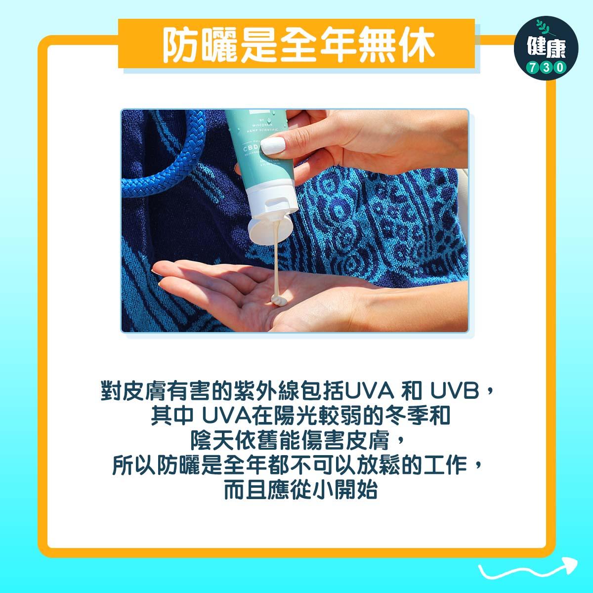 防曬是全年無休:對皮膚有害的紫外線包括UVA 和 UVB,其中 UVA在陽光較弱的冬季和陰天依舊能傷害皮膚,所以防曬是全年都不可以放鬆的工作,而且應從小開始