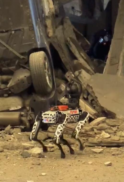 機械搜救犬稍作停頓後就向瓦礫走去,又在瓦礫再作踏步,之後前進。(Twitter)