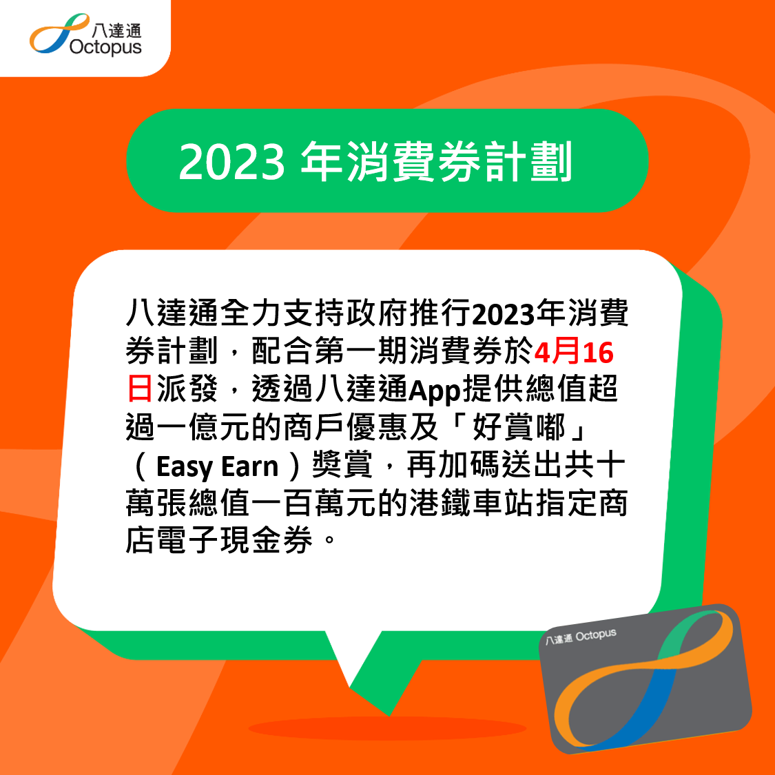 八達通送出10萬張總值100萬元的電子現金券。(八達通圖片)