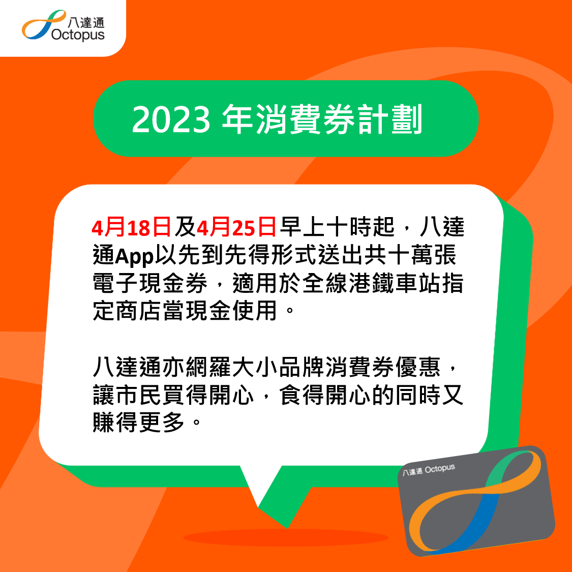 八達通送出10萬張總值100萬元的電子現金券。(八達通圖片)