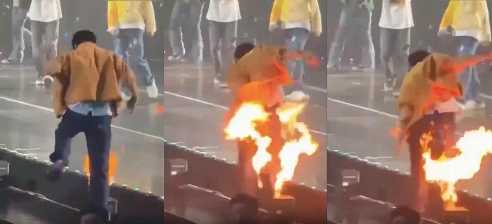 尹材赫經過的煙花裝置突然噴火。