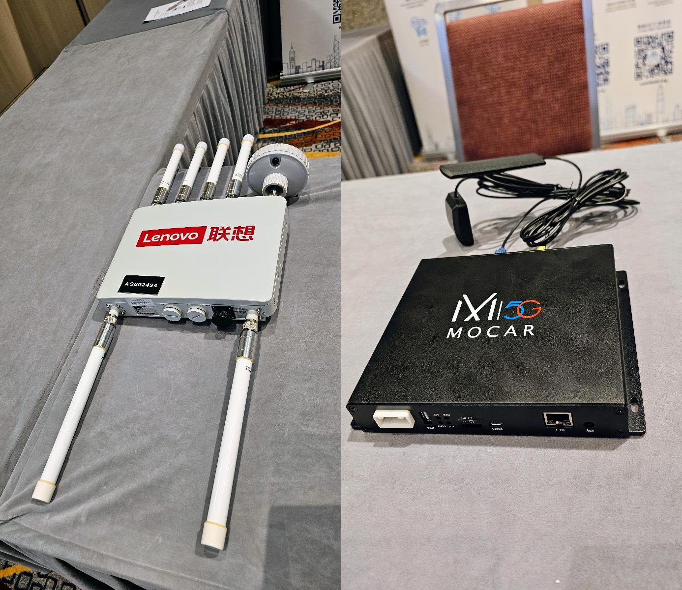 現場展示了路邊系統(左)及車載單元(右),是車聯網的溝通骨幹。