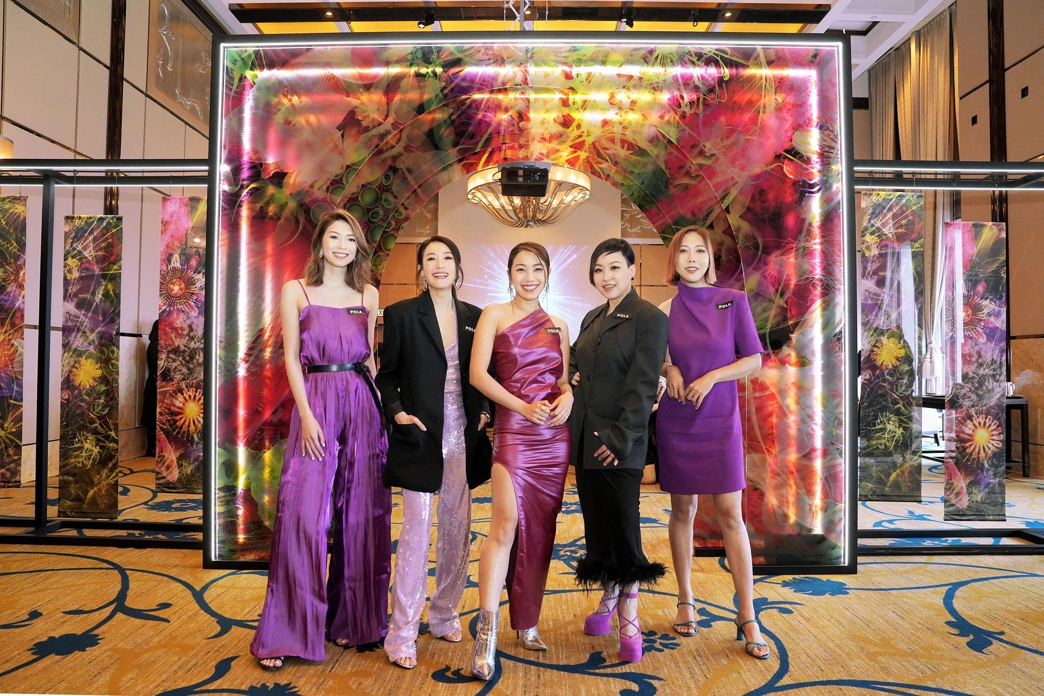 (左起) 連詩雅、楊張新悅、姜麗文、蝦頭及崔乘飛一同出席POLA B.A 精華泡沫乳液的發布會。