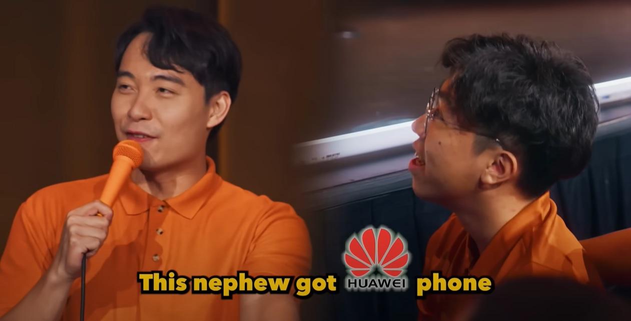 黃瑾瑜在演出取笑華為手機。(影片截圖)