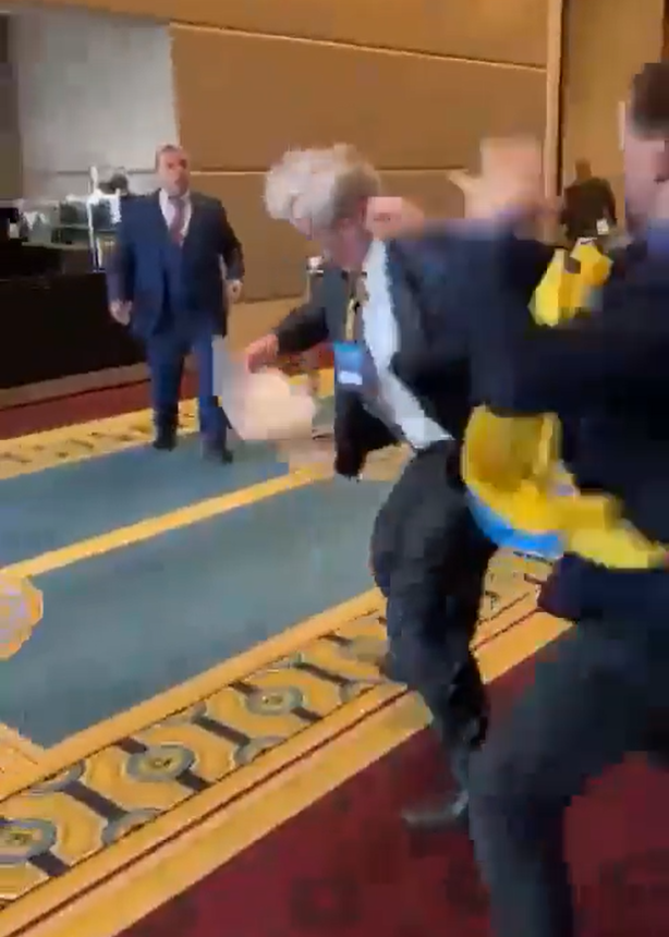 烏克蘭代表揮拳意圖搶回國旗。(影片截圖)