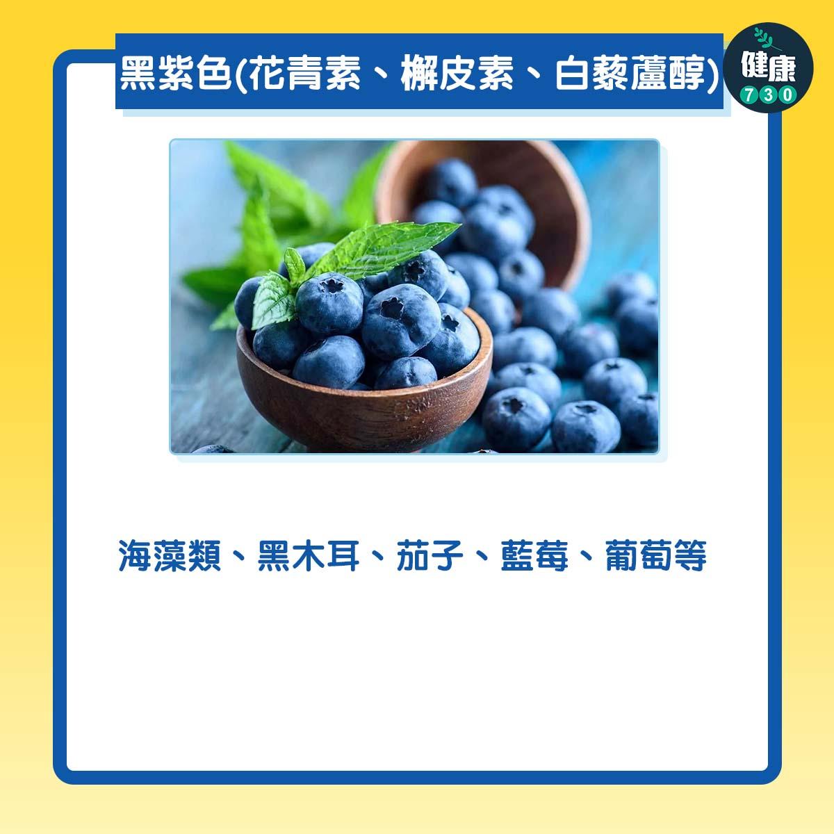 黑紫色(花青素、檞皮素、白藜蘆醇):海藻類、黑木耳、茄子、藍莓、葡萄等。