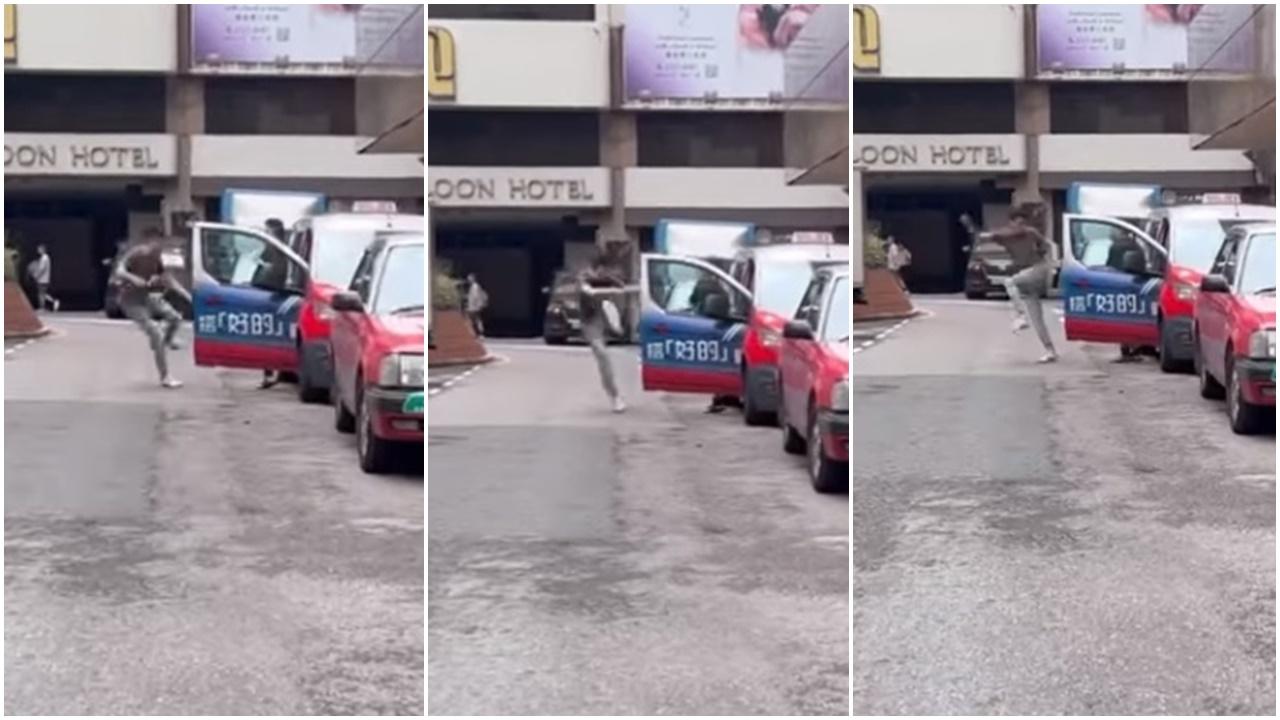 啡衣的哥接連使出旋風腿和穿心腿,逼使黑衣的哥退回車內。(香港突發事故報料區(新版)@FB)