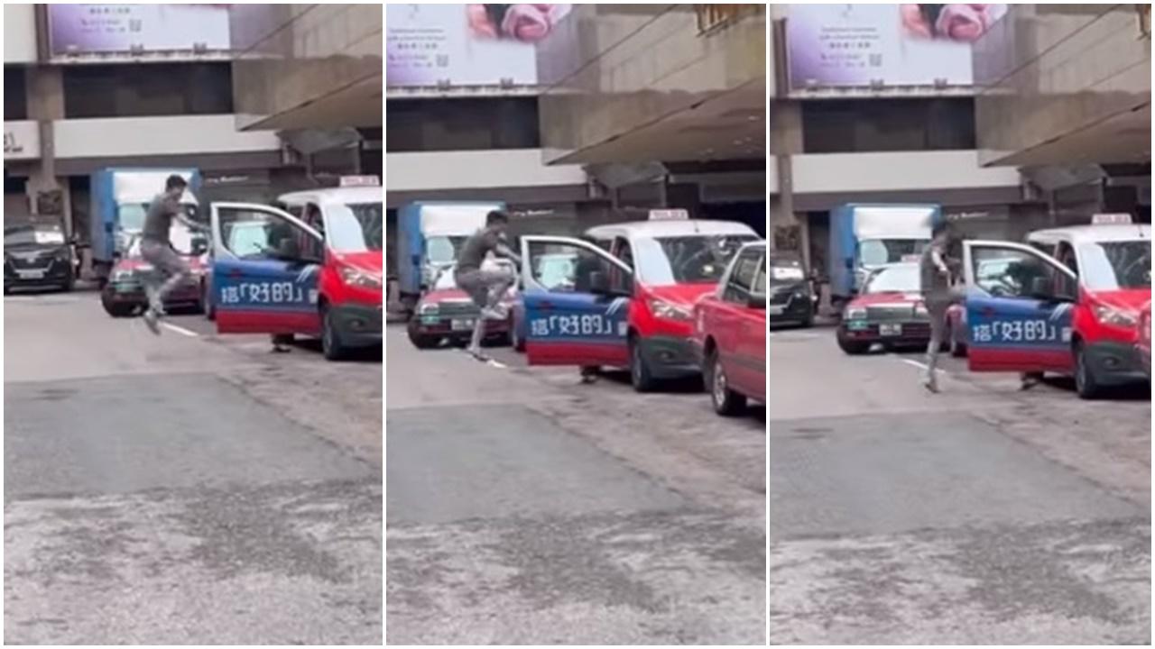 啡衣的哥接連使出旋風腿和穿心腿,逼使黑衣的哥退回車內。(香港突發事故報料區(新版)@FB)