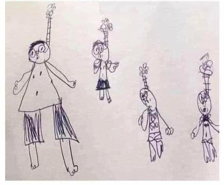 6歲男童畫全家福嚇親老師,真相卻令百萬人爆笑。(FB)