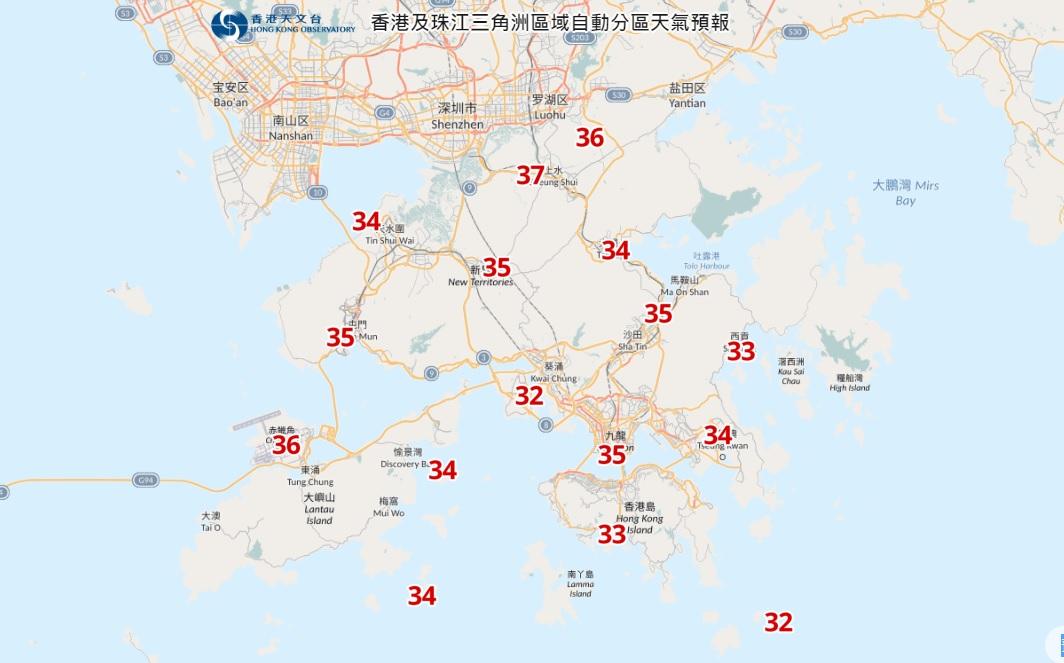 本港天氣酷熱,正午過後多處地區氣溫上升至35度或以上。(天文台網頁截圖)