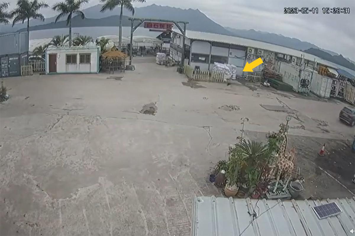 馬鞍山白石燒烤場一隻老狗,日前被一輛私家車輾至重傷,職員跑出追截涉案車輛無果(黃箭嘴示)。(網民Li Eric影片截圖)