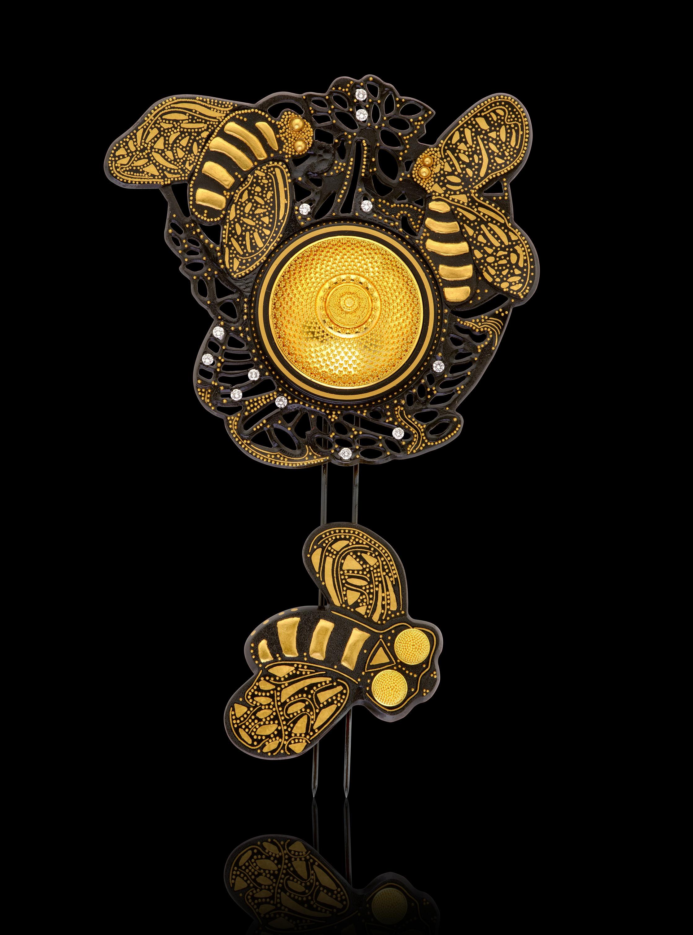 鋼、黃金及圓形鑽石(黃金珠化顆粒圓頂)