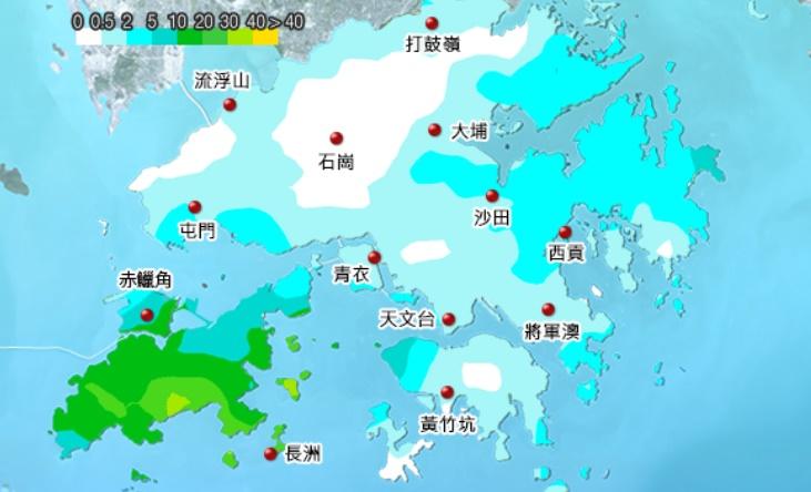 天文台今早於本港多處地區錄得超過30毫米雨量,而屯門及西貢更錄得超過50毫米。(香港天文台)