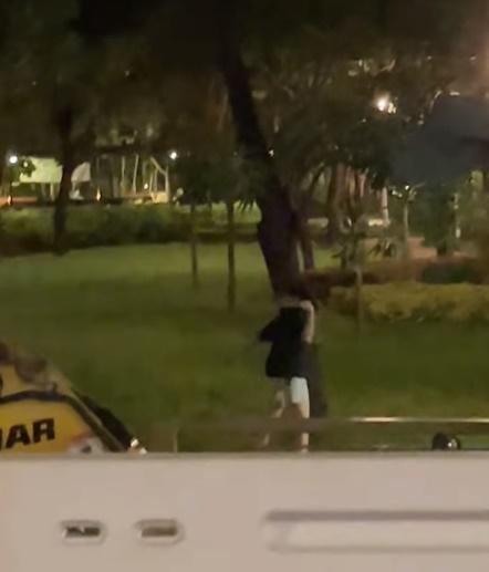 昨晚12時許,一名身穿黑衣短褲女子,手持菜刀在上水石湖虛賽馬會遊樂場內,向一棵樹狂劈近10下,刀刀狠勁。(上水大聯盟@FB)