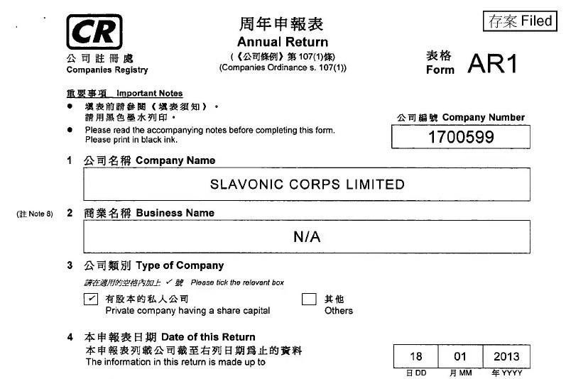 斯拉夫集團的註冊文件。(網上圖片)