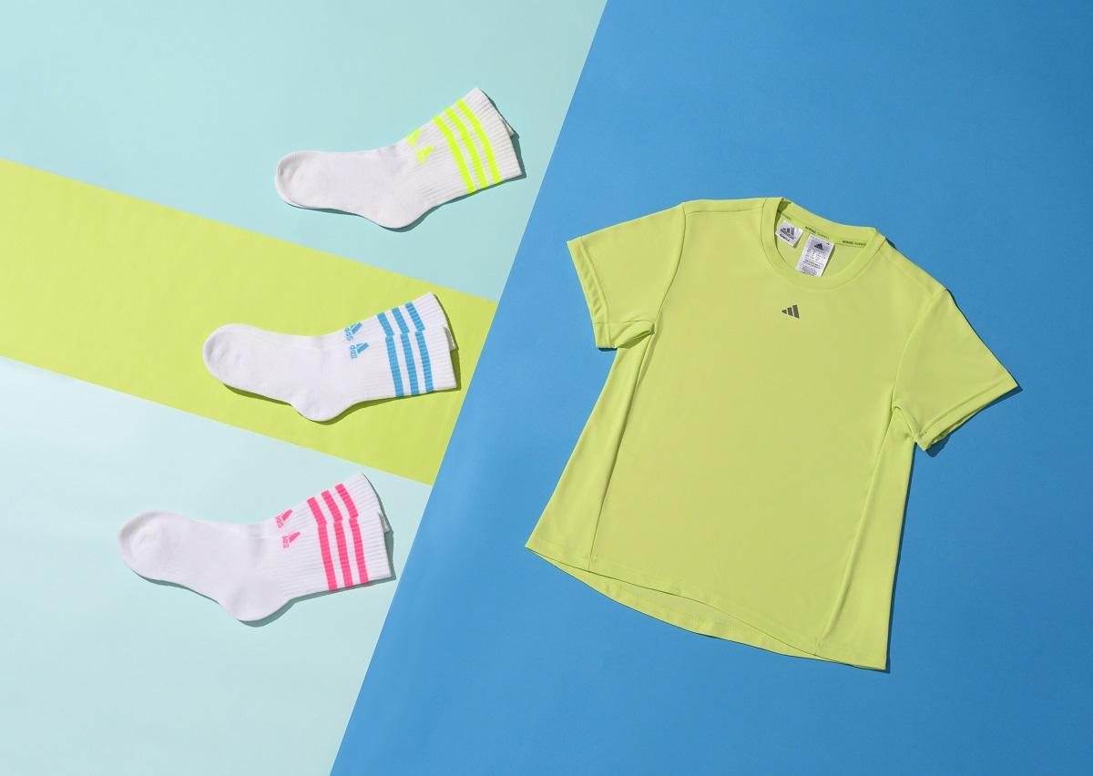 adidas三對裝三間緩衝中筒襪(黃、藍、粉紅)、adidas女裝綠色 HIIT Tee