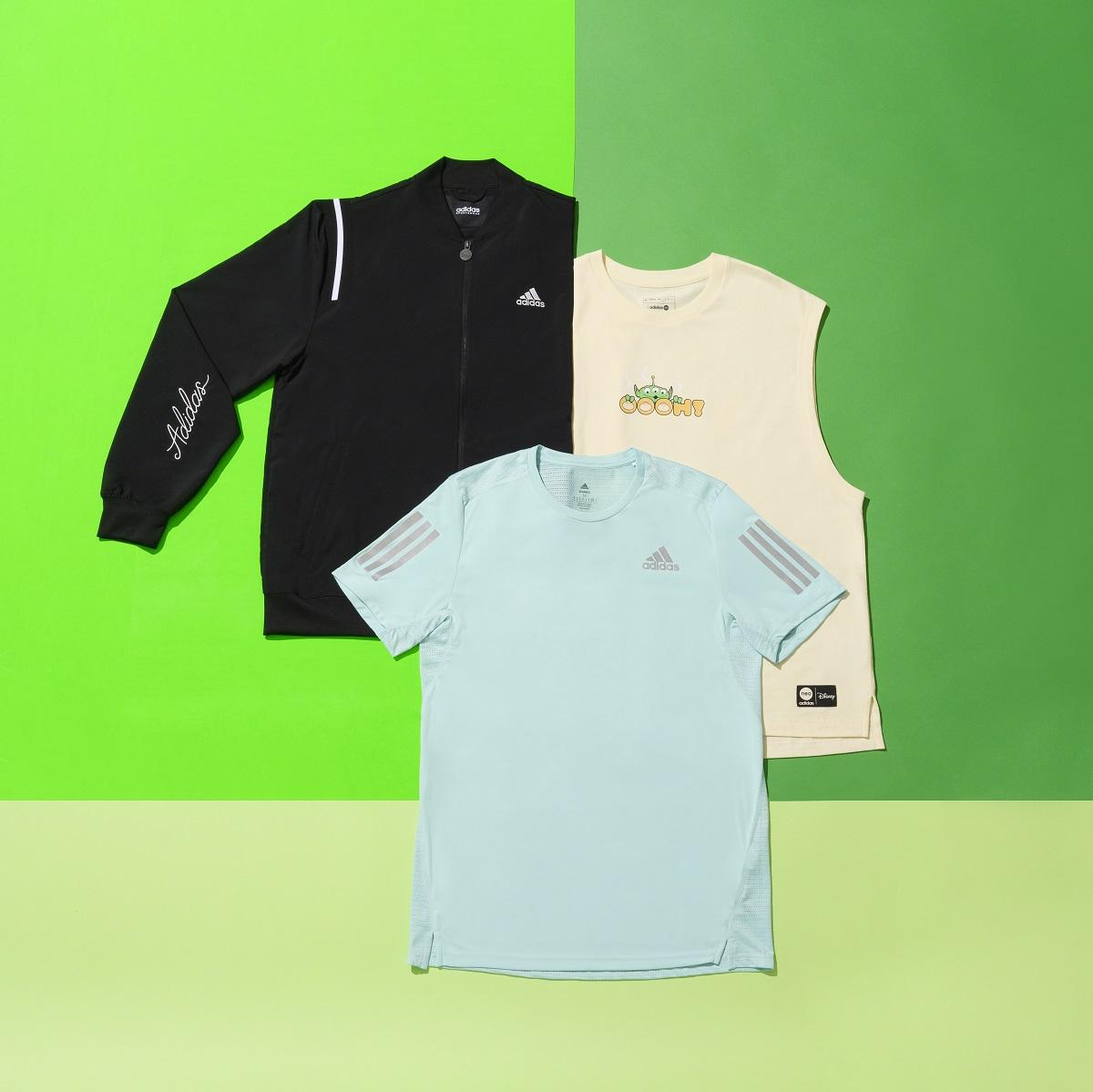 adidas男裝黑色Jacket、adidas女裝藍色多功能Tee、adidas白色三眼仔無袖Tee