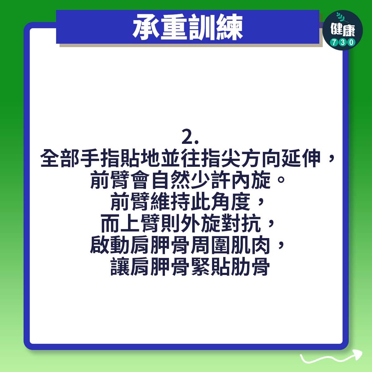 全部手指貼地並往指尖方向延伸,前臂會自然少許內旋。前臂維持此角度,而上臂則外旋對抗,啟動肩胛骨周圍肌肉,讓肩胛骨緊貼肋骨