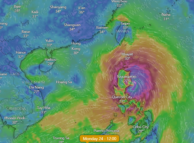 天文網站Windy預計下一個颱風將在下周一開始靠近香港。(網上截圖)