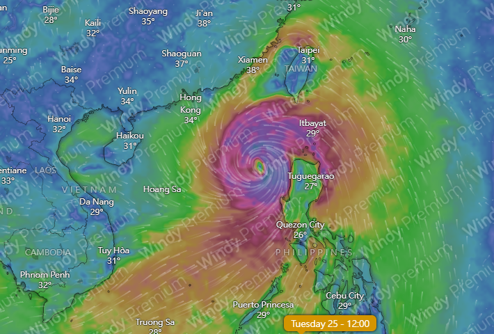 天文網站Windy預計下一個颱風將在下周二於越過菲律賓靠近香港。(網上截圖)