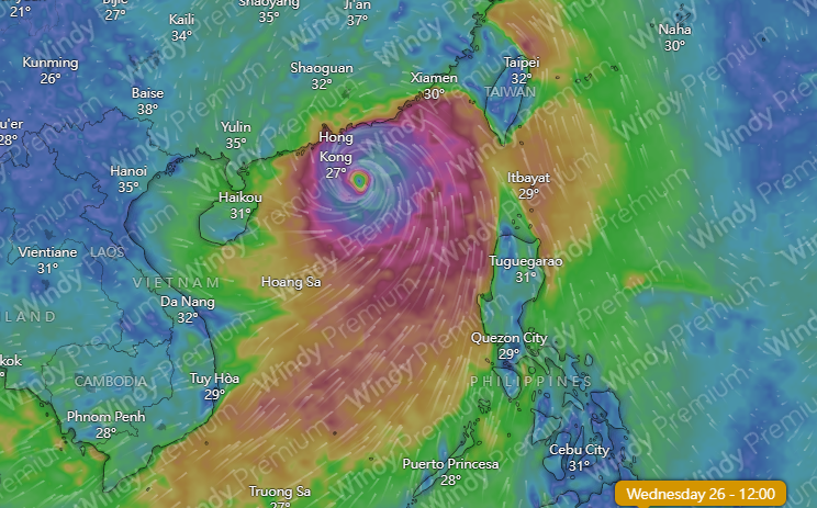 天文網站Windy預計下一個颱風將在下周三與香港非常接近。(網上截圖)