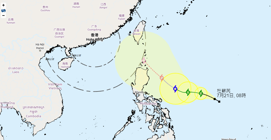 香港天文台的熱帶氣旋杜蘇芮路徑地理信息系統圖。(天文台截圖)